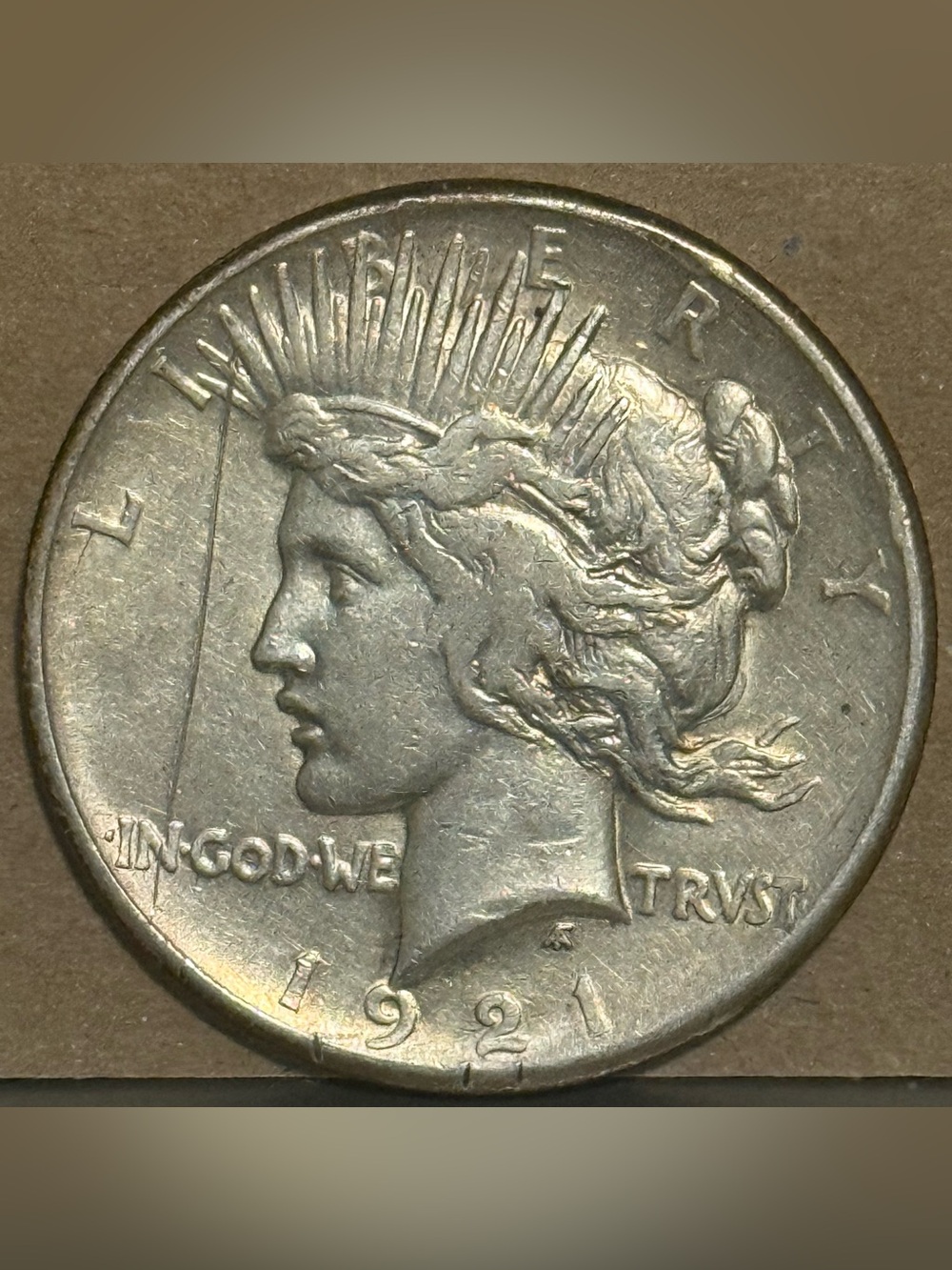 1921 Silver Peace Dollar, High Relief Key Date, Ungraded XF/AU Details (Scratch)